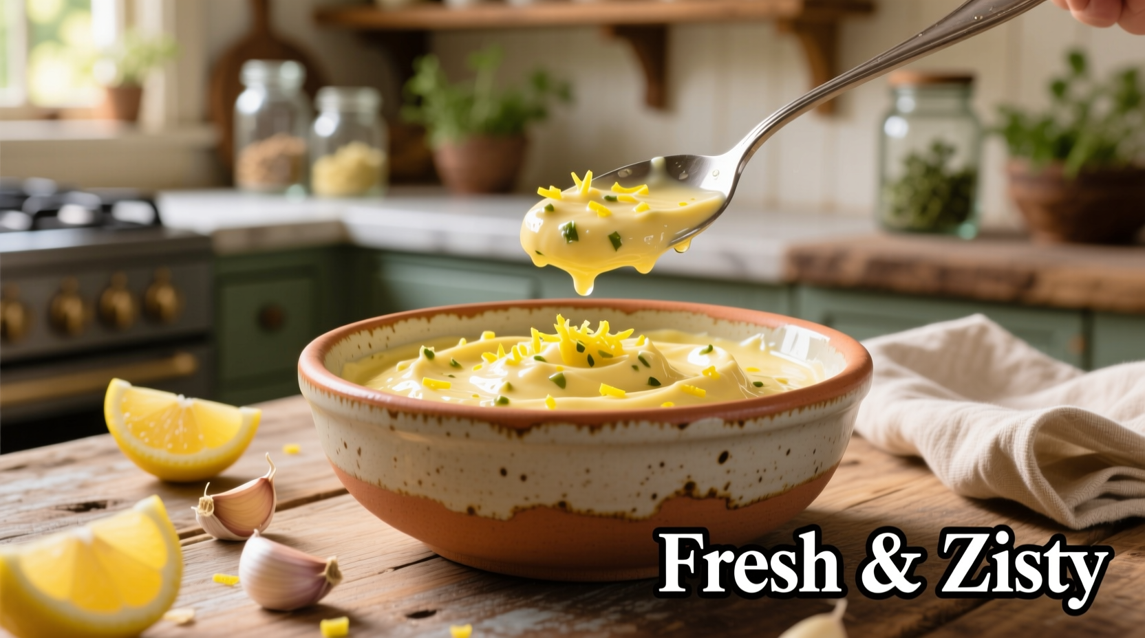 Freshly made garlic lemon aioli in a ceramic bowl