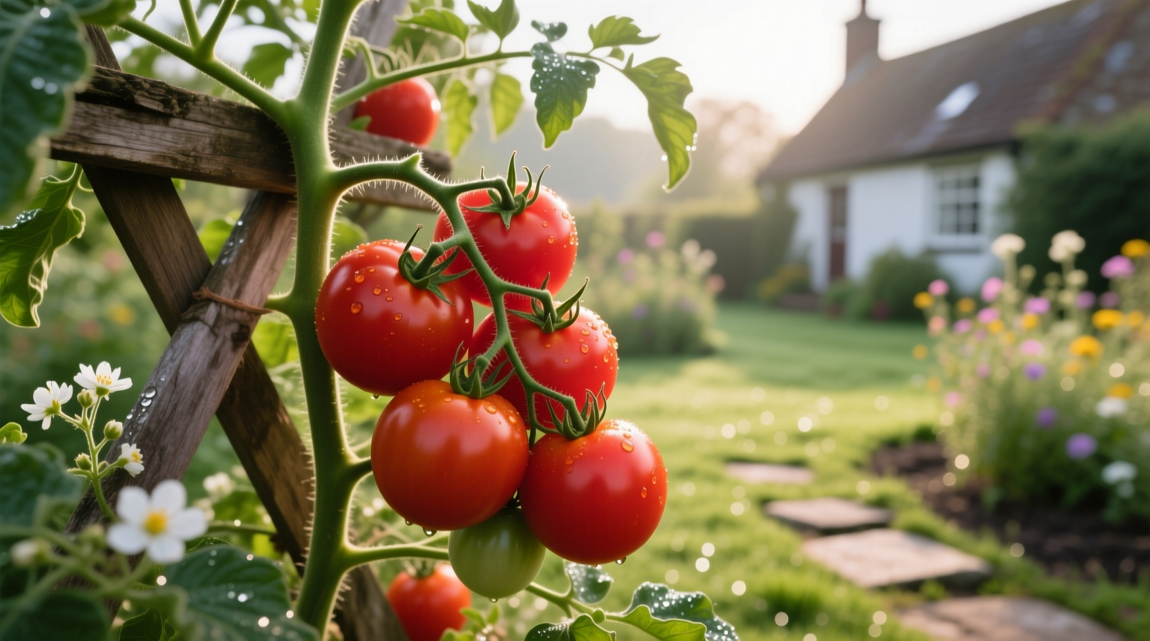 Ripe tomatoes growing on vine in garden