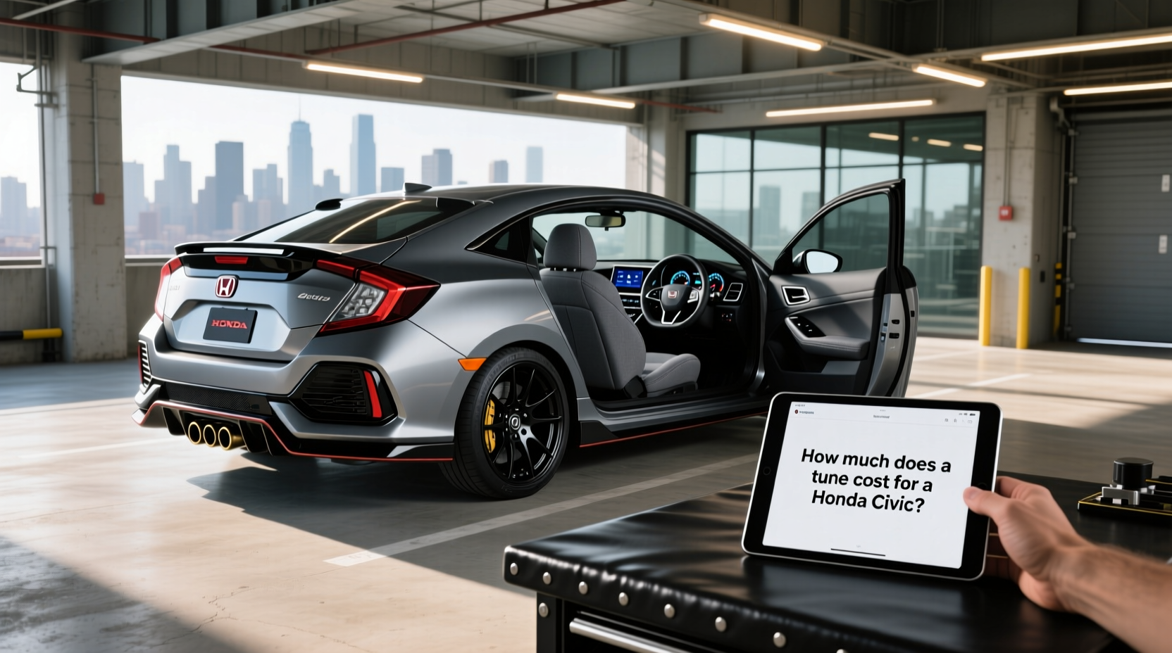 Tuned Honda Civic hatchback on a dyno showing digital readouts