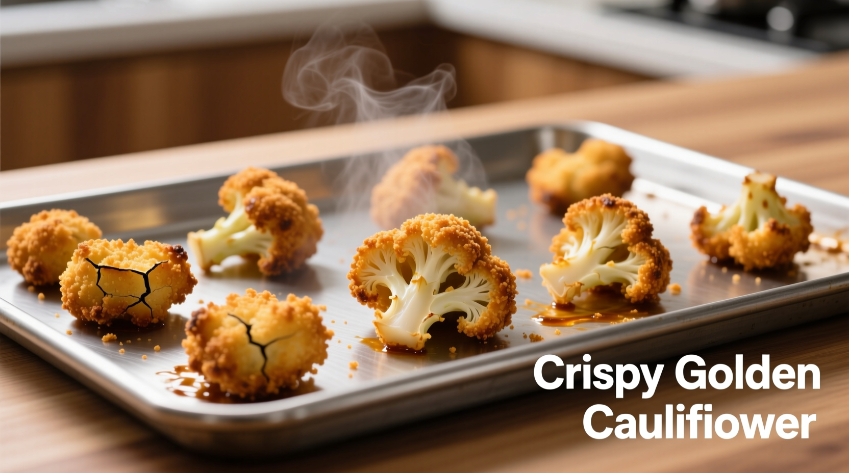 Golden breaded cauliflower florets on baking sheet