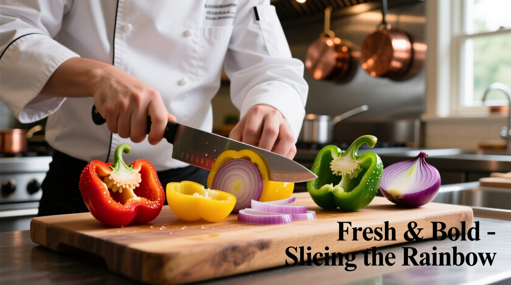 Chef slicing colorful bell peppers and onions on cutting board