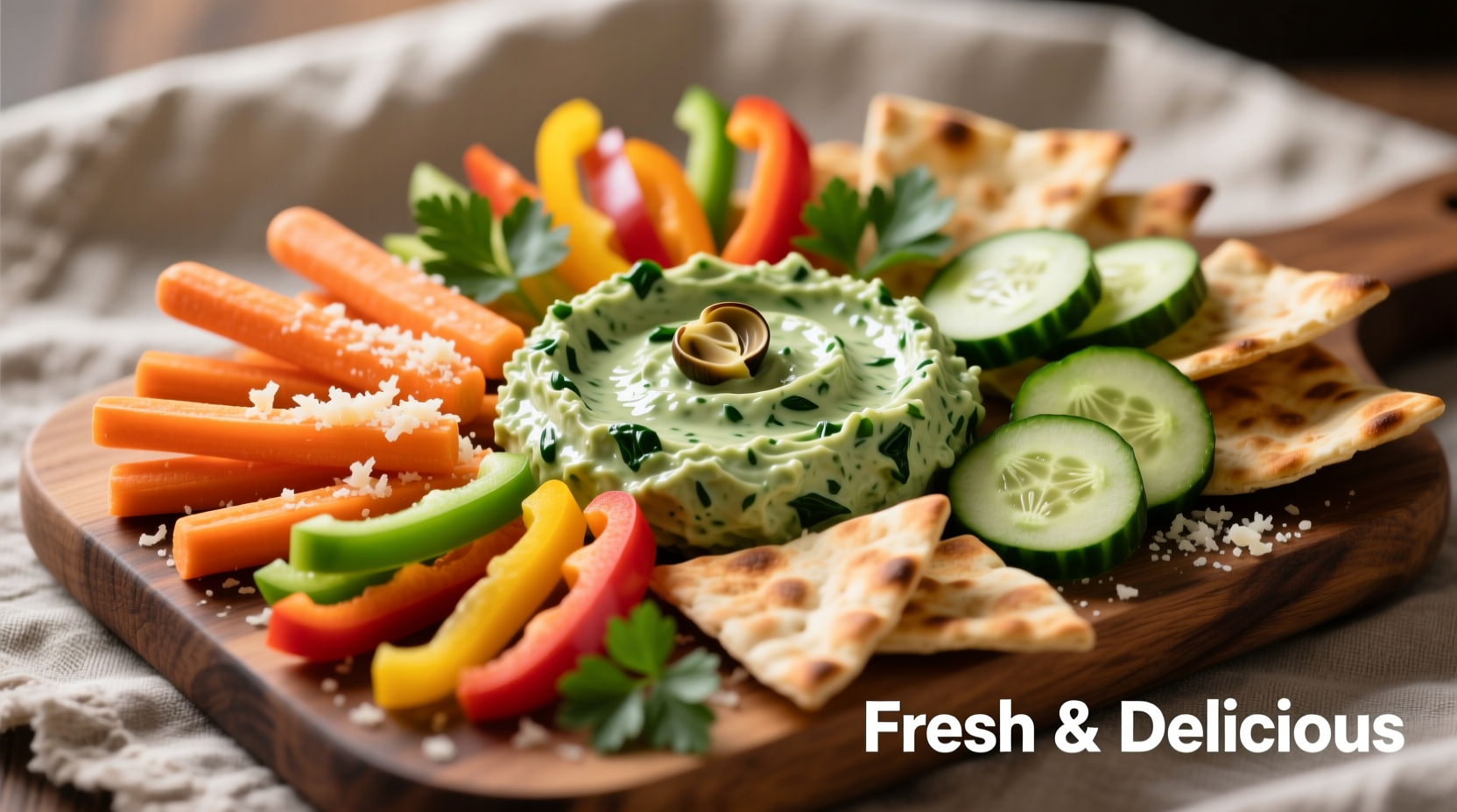 Assortment of dippers arranged around spinach artichoke dip
