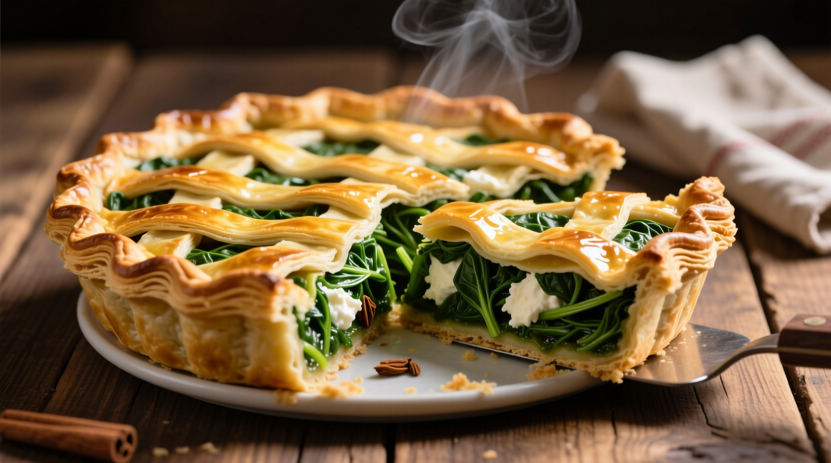 Golden spinach pie with flaky crust layers