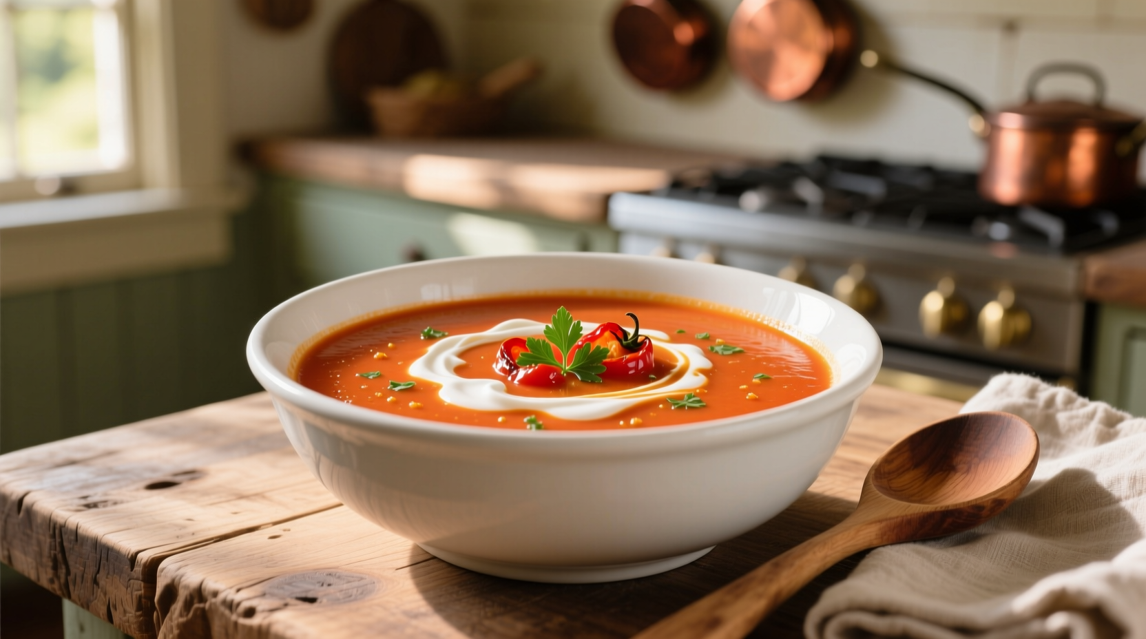 Creamy roasted red pepper and tomato soup in white bowl