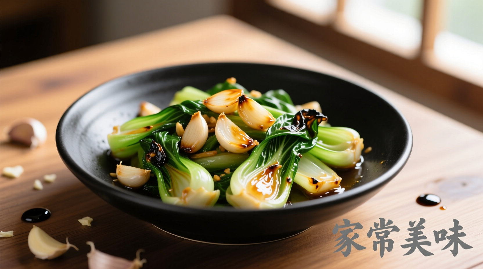 Crisp bok choy stir-fried with golden garlic