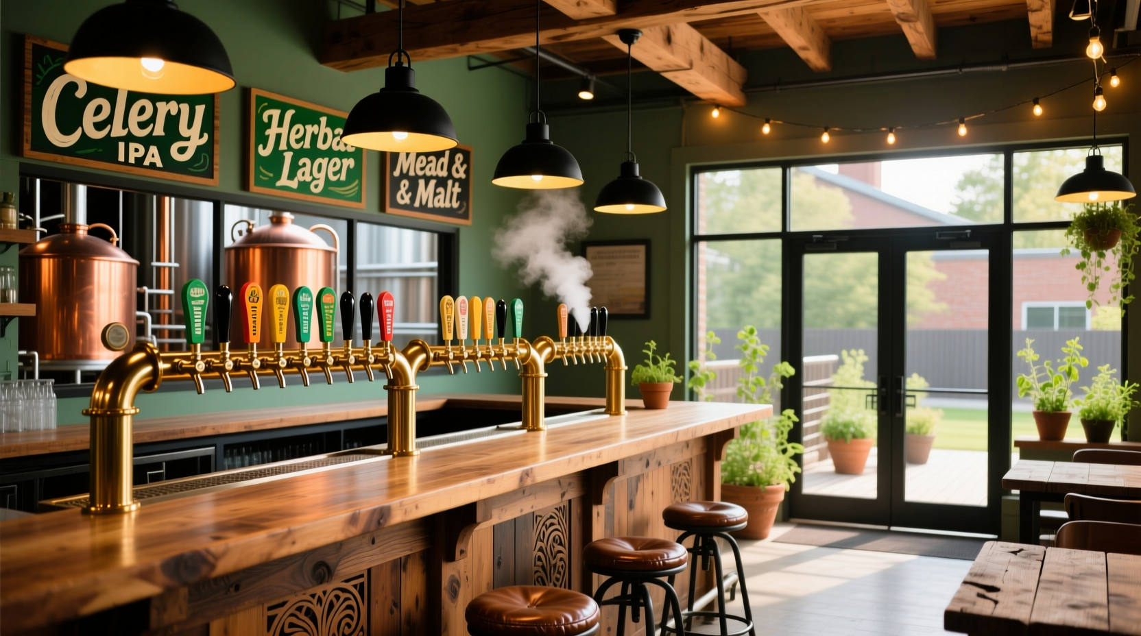 Celery City Craft brewery taproom with wooden bar and beer taps