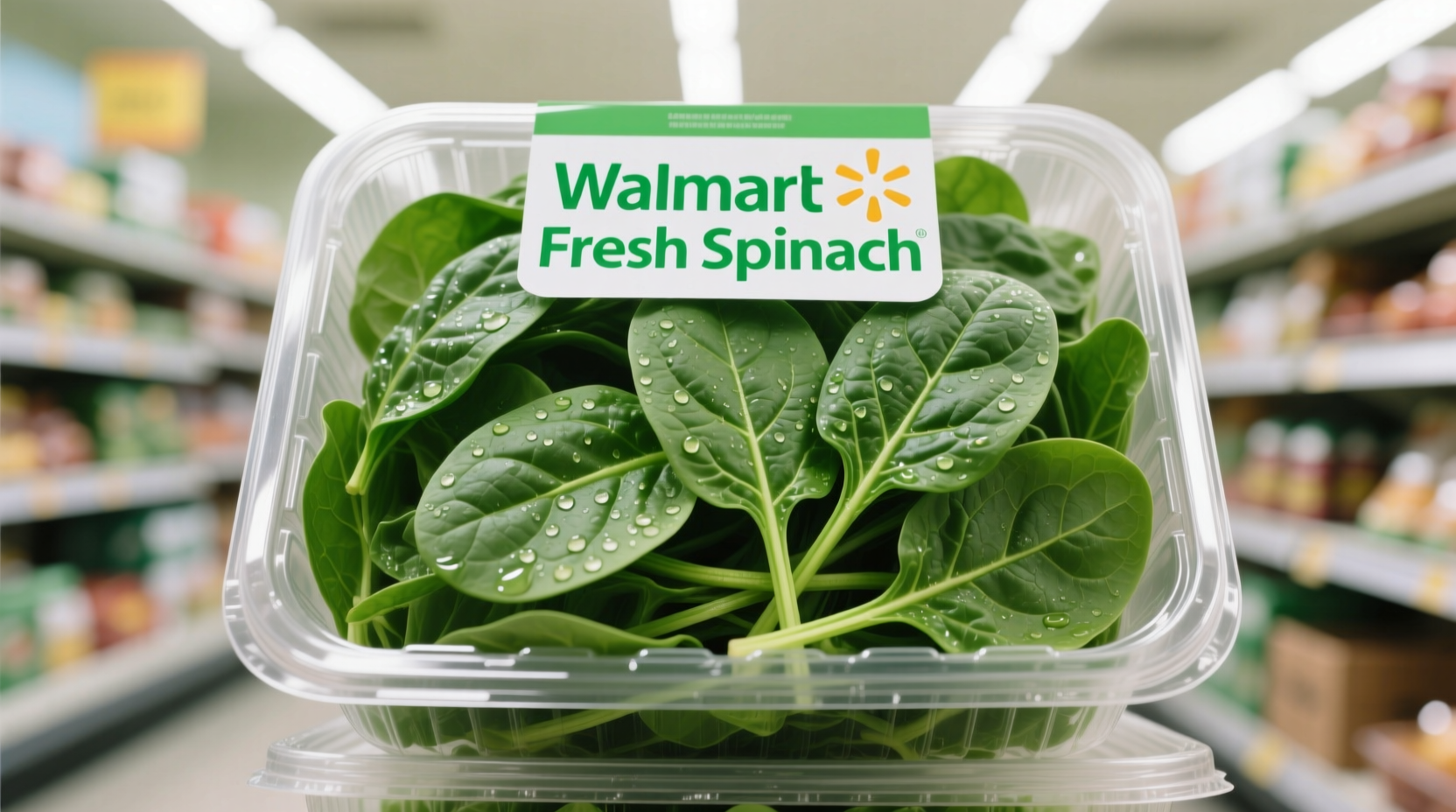 Fresh green spinach leaves in Walmart packaging with no signs of wilting