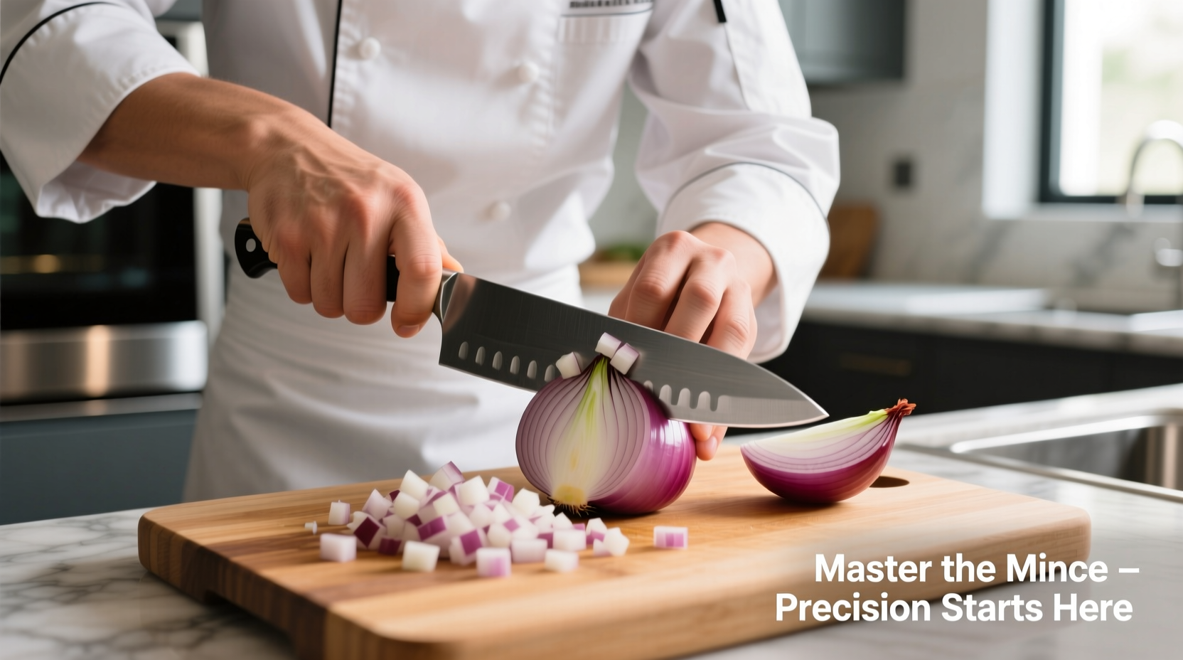Chef demonstrating proper onion mincing technique with sharp knife