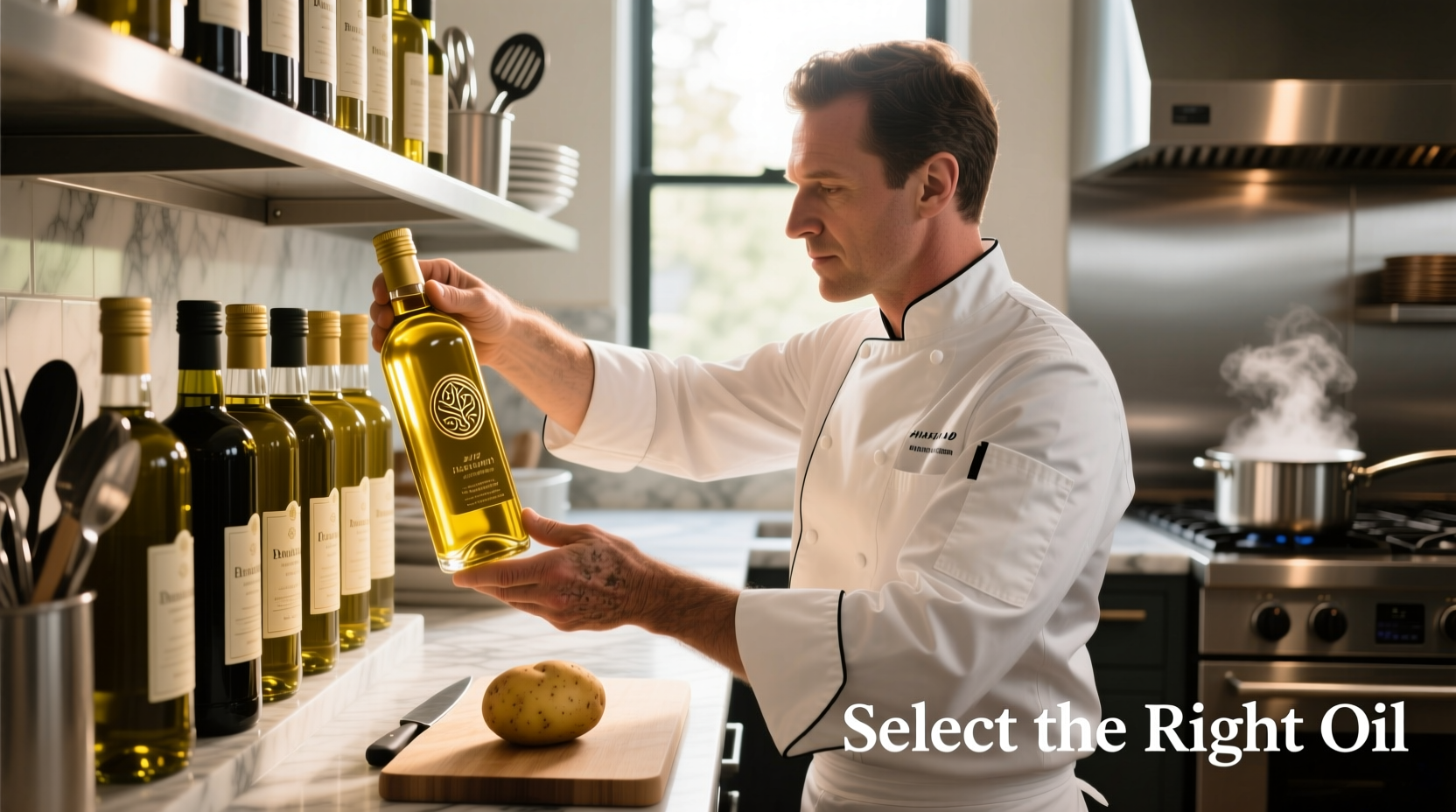 Chef selecting cooking oil for potato preparation