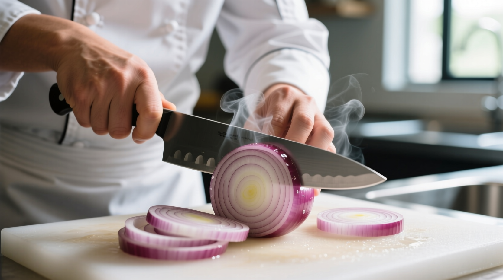 Chef slicing onion crosswise for perfect rings