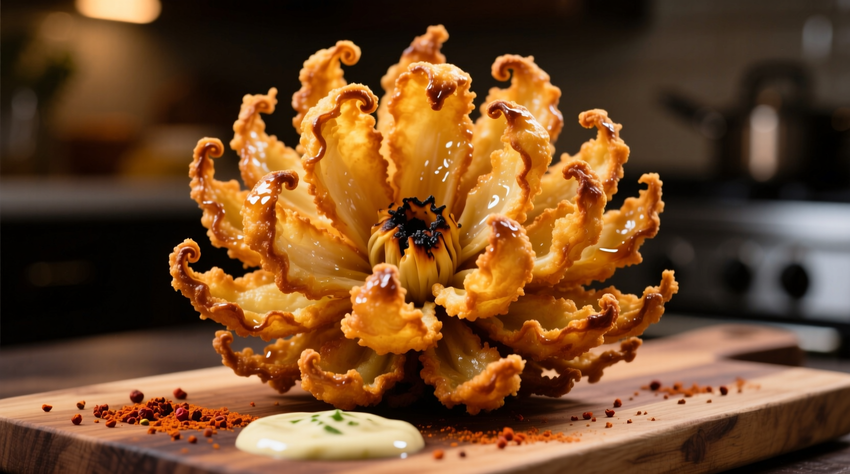Perfectly fried bloomin onion with golden petals