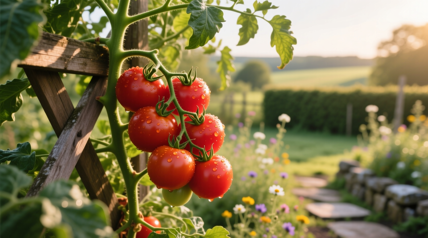 Ripe tomatoes on vine in garden setting
