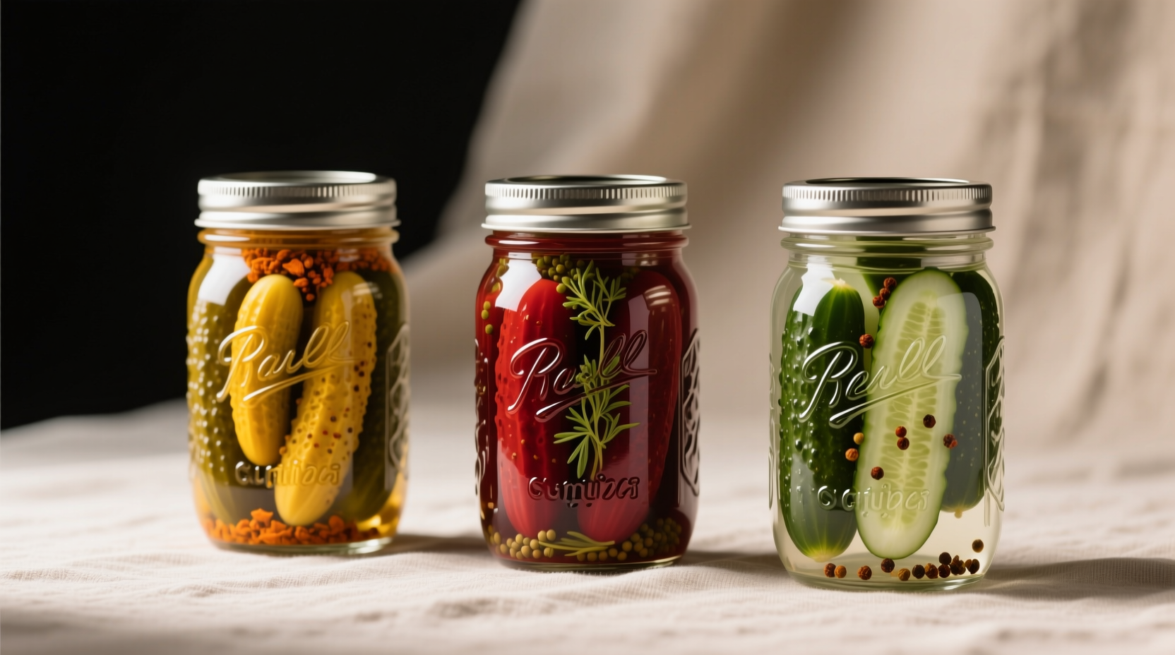 Three mason jars showing golden turmeric pickles, deep red za'atar pickles, and clear Szechuan peppercorn pickles