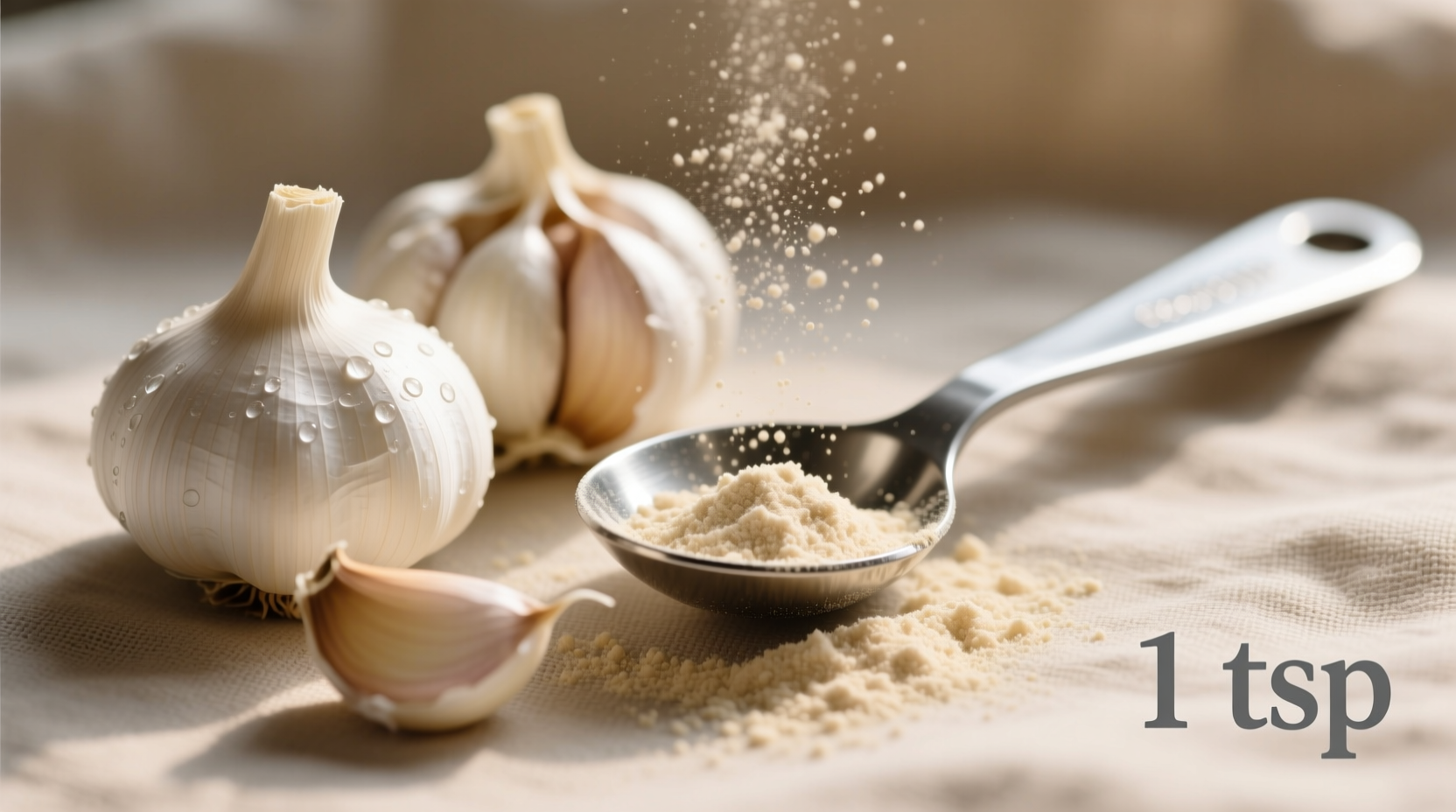 Garlic cloves next to measuring spoon with powder