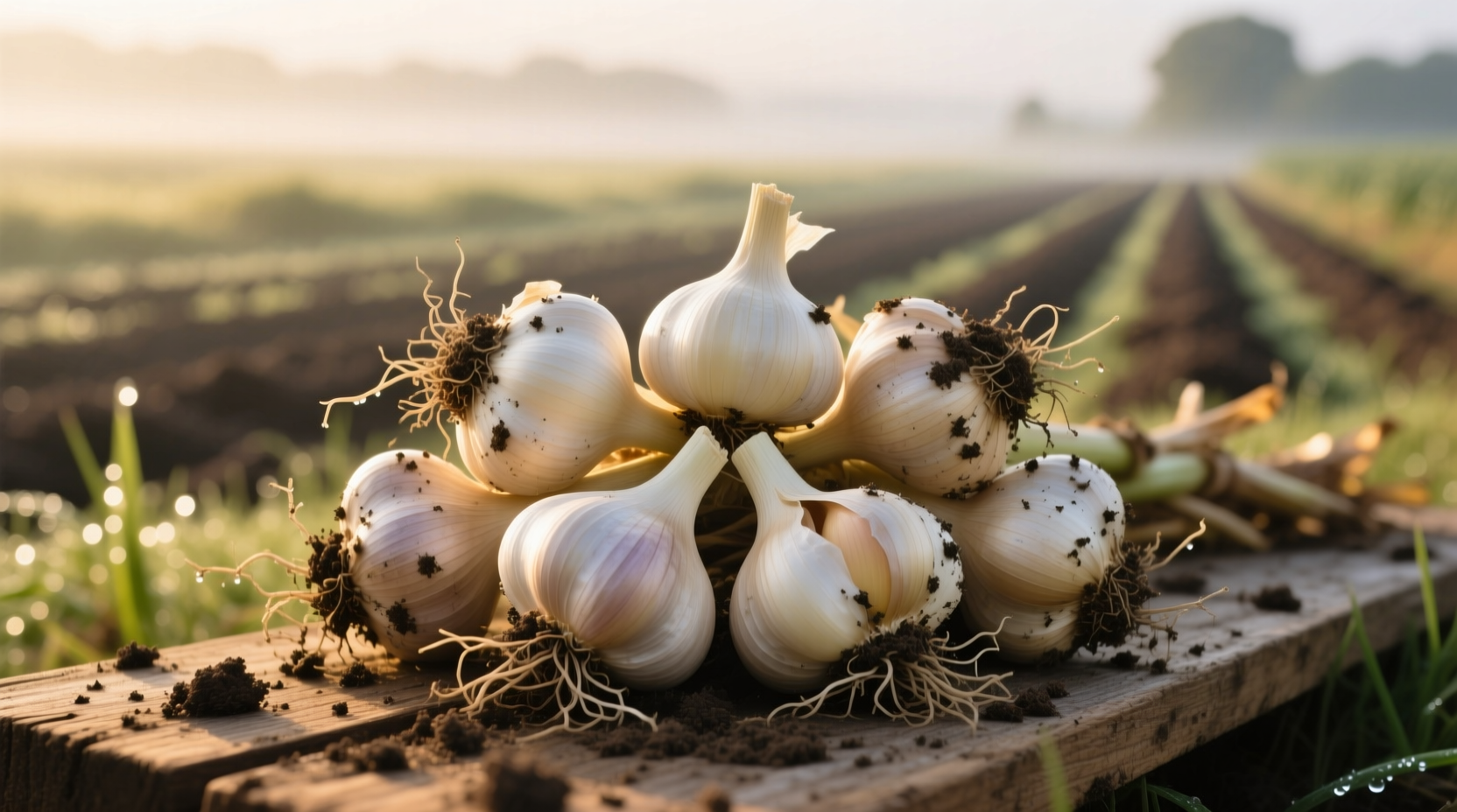 Freshly harvested garlic bulbs with soil still attached