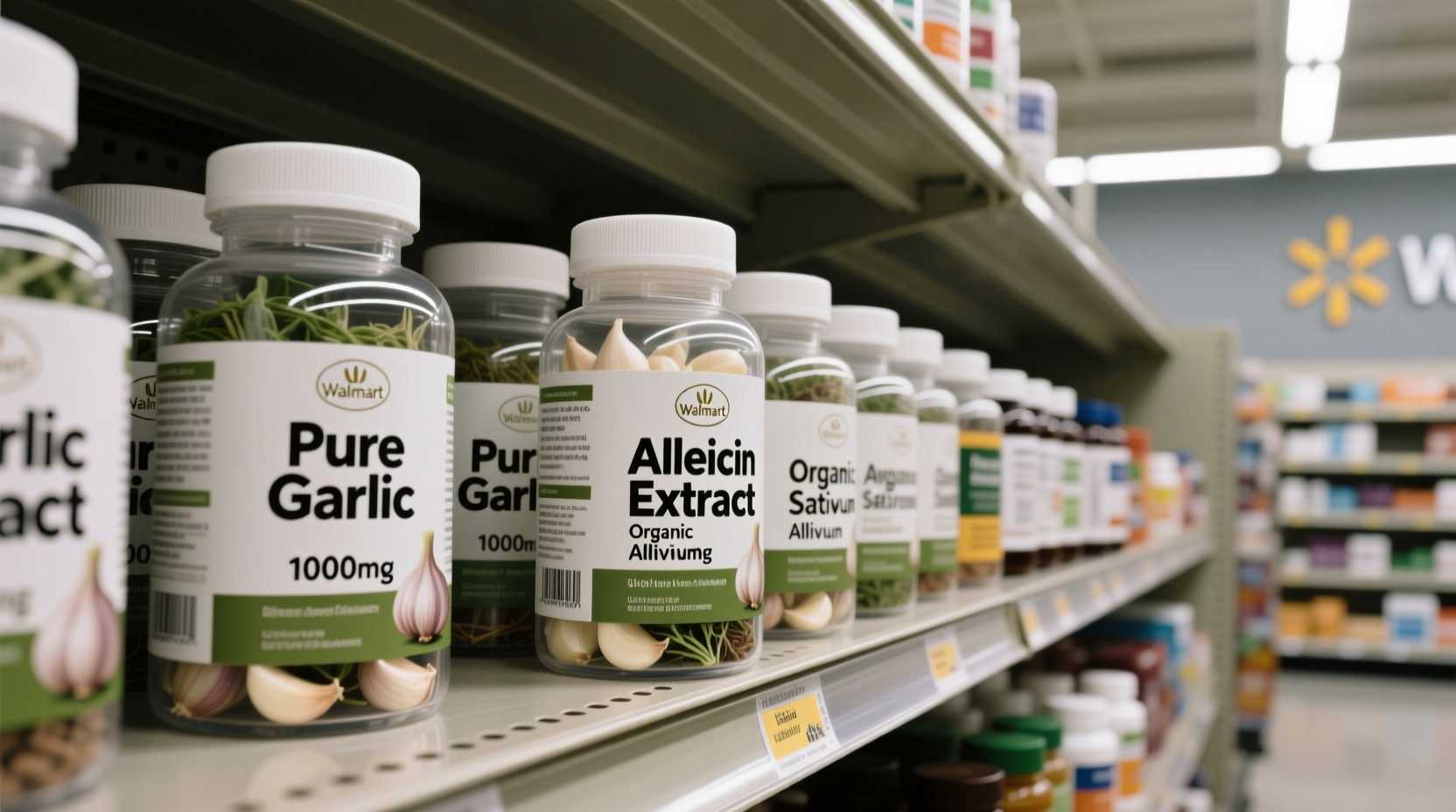 Garlic supplement bottles on Walmart shelf
