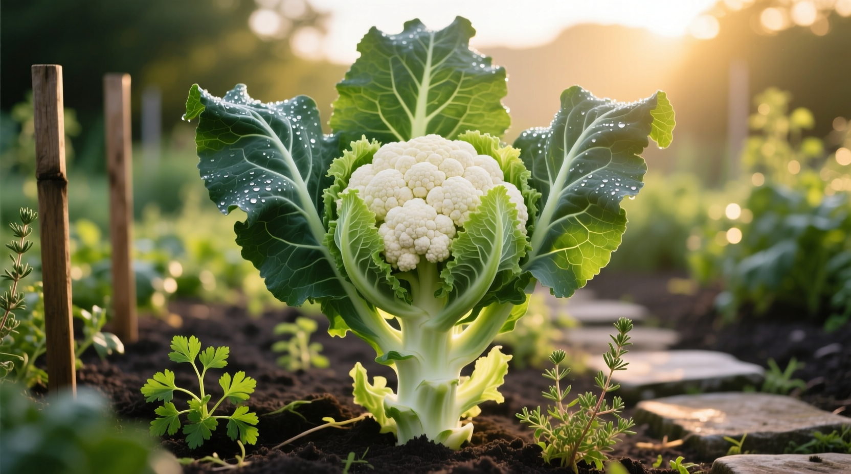 Healthy cauliflower plant with developing white head in garden