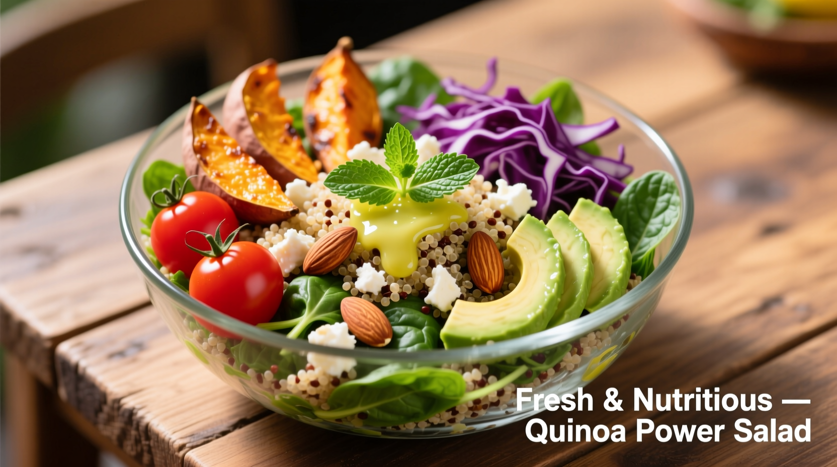 Colorful quinoa spinach salad in glass bowl with fresh ingredients