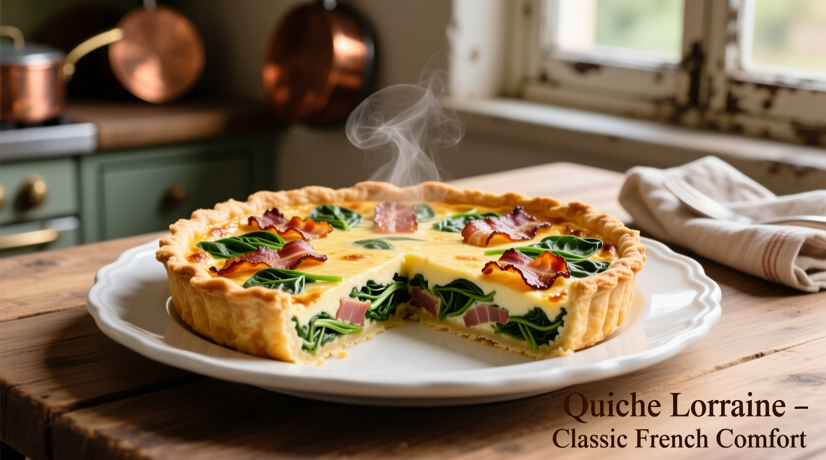 Quiche Lorraine with spinach and bacon served on white plate