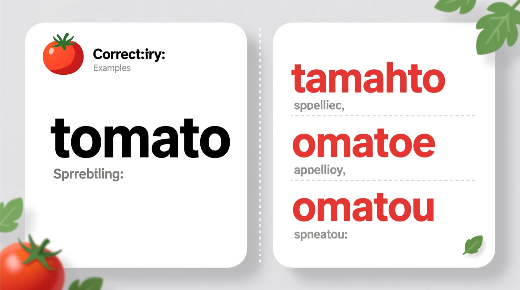 Side-by-side comparison of tomato spelling examples