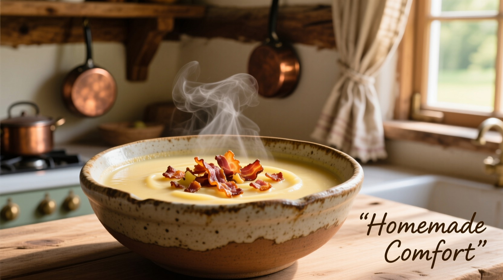 Creamy potato soup in rustic bowl with bacon garnish