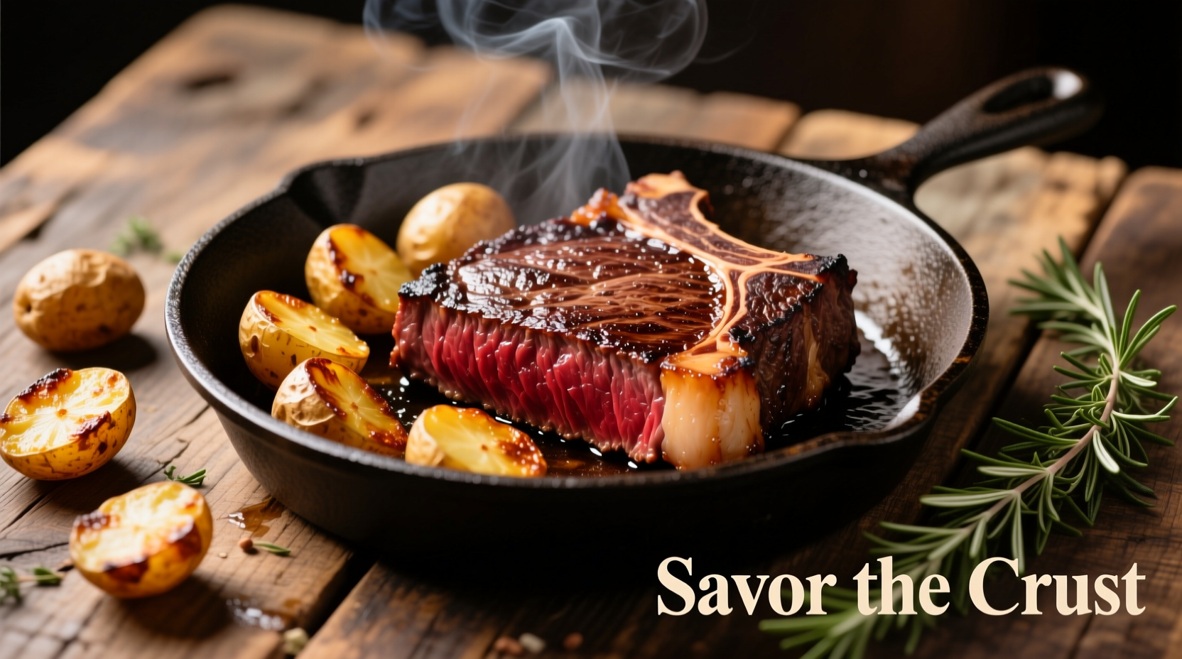 Cast iron steak with golden roasted potatoes