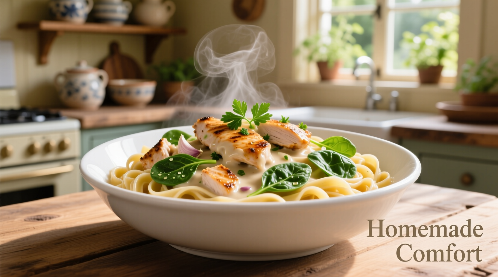 Creamy chicken and spinach pasta in white bowl