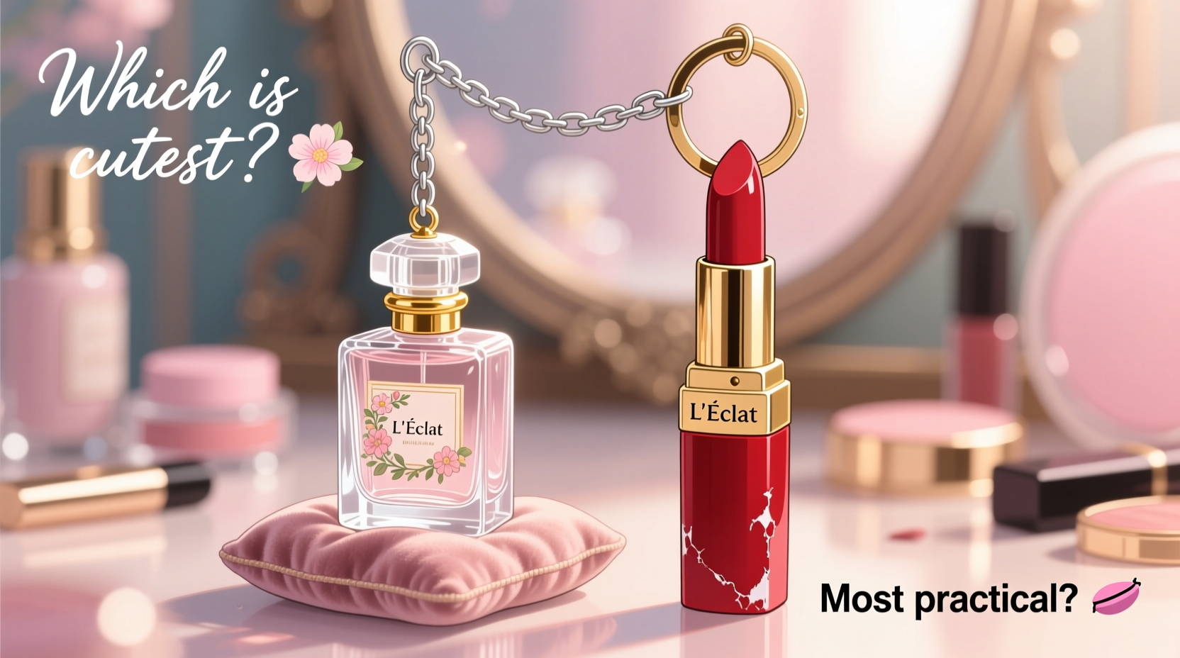 perfume bottle keychain vs lipstick keychain which is the cutest and most practical