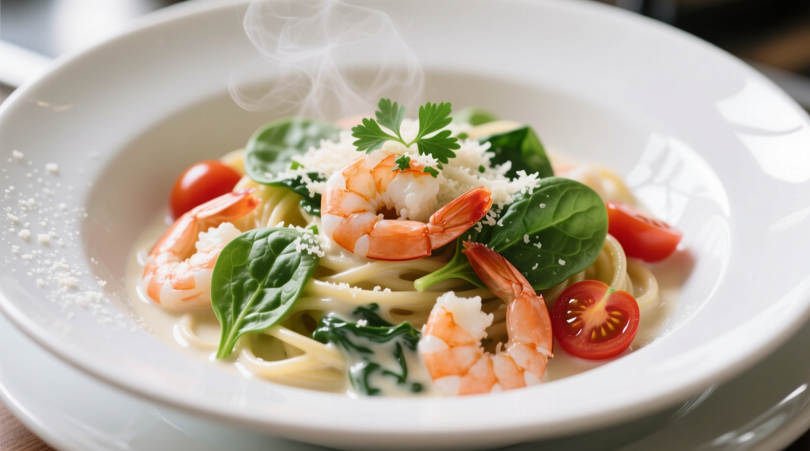 Creamy shrimp tomato spinach pasta in white bowl