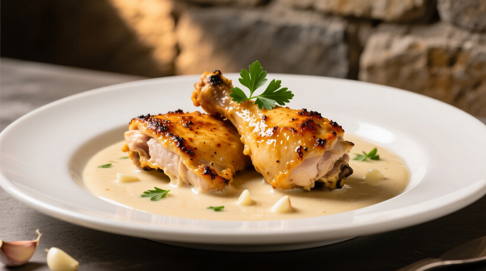 Perfect creamy garlic chicken with golden chicken and velvety sauce