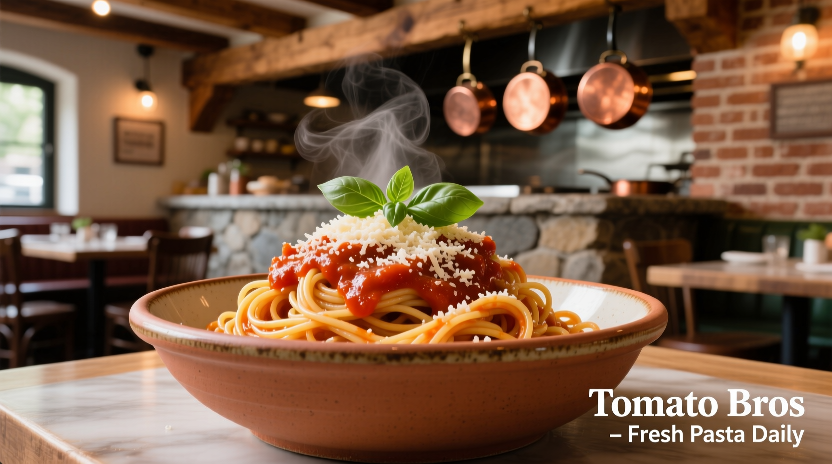 Freshly prepared pasta bowl at Tomato Bros restaurant