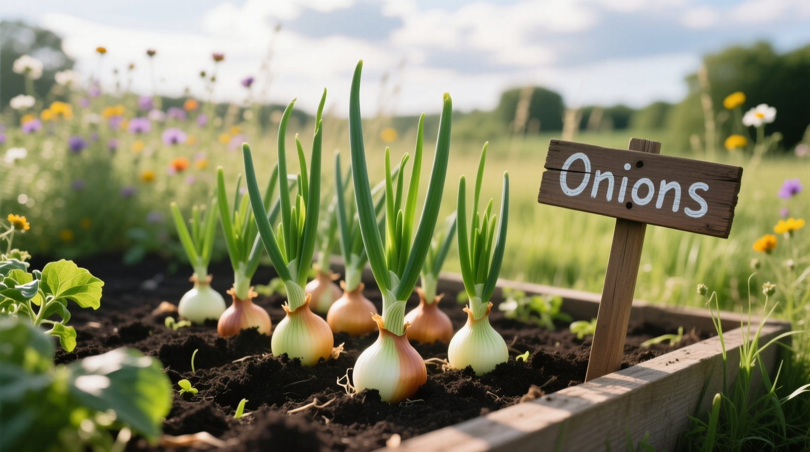 Organic onion sets planted in garden bed with healthy green shoots
