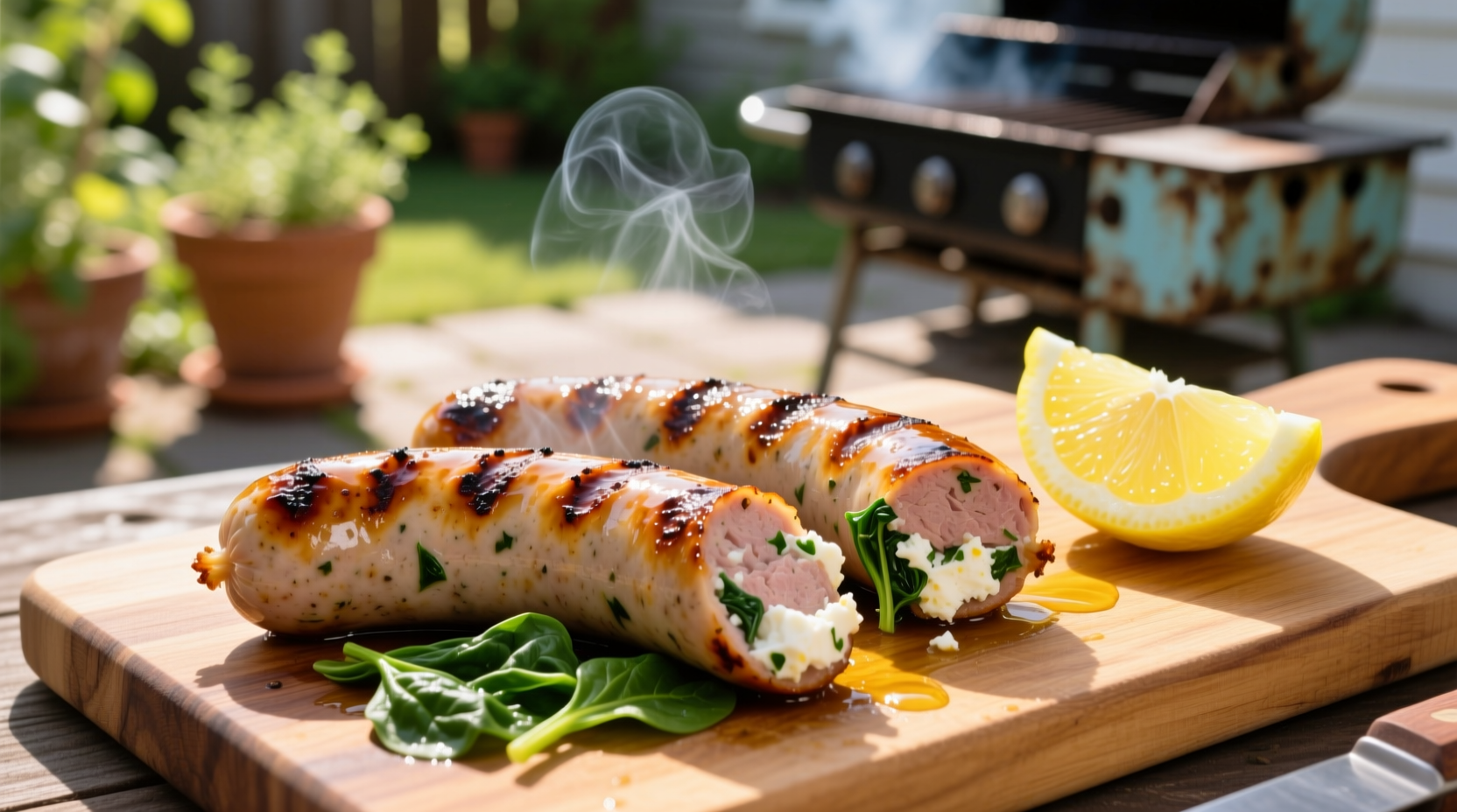 Homemade spinach feta chicken sausage on grill with lemon garnish