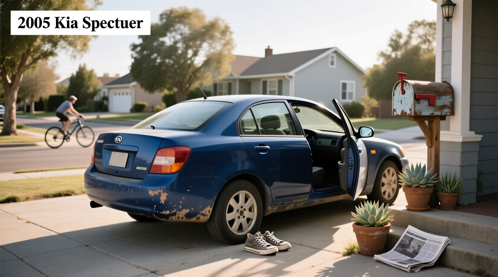 Side view of 2005 Kia Spectra5 hatchback on paved road