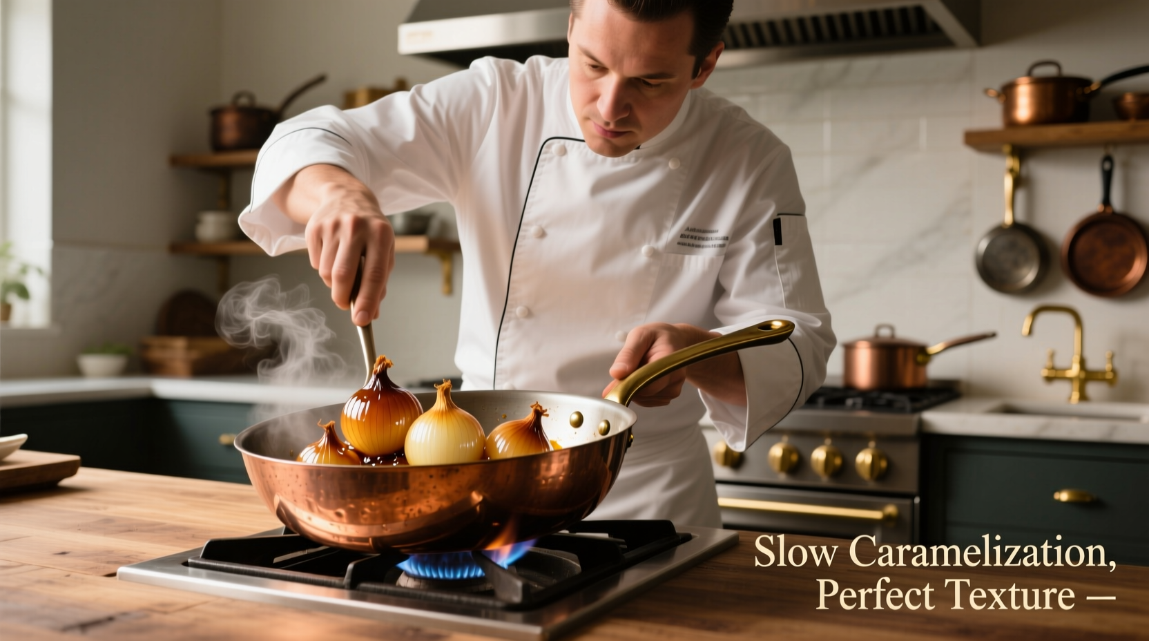 Chef preparing caramelized onions in copper pan