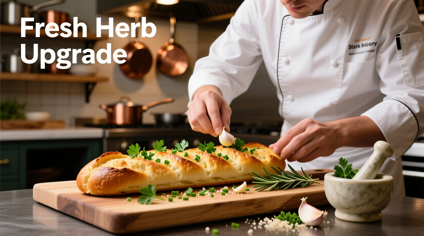 Chef enhancing store bought garlic bread with fresh herbs