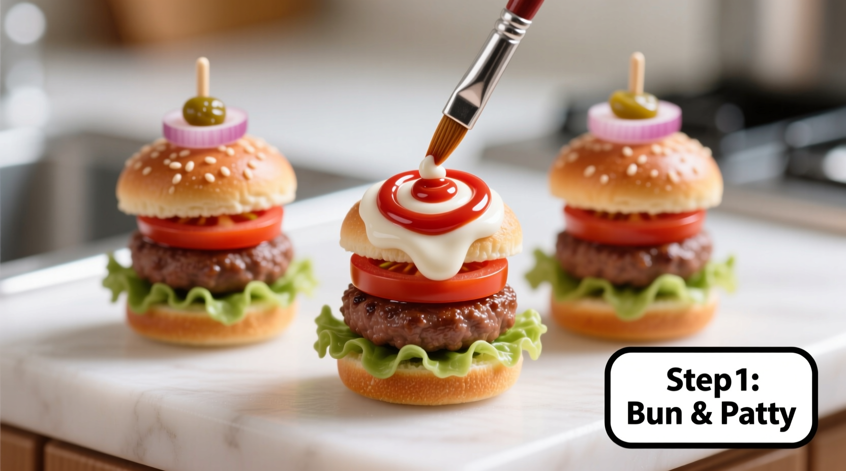 Step-by-step assembly of mini sliders with toppings and sauces