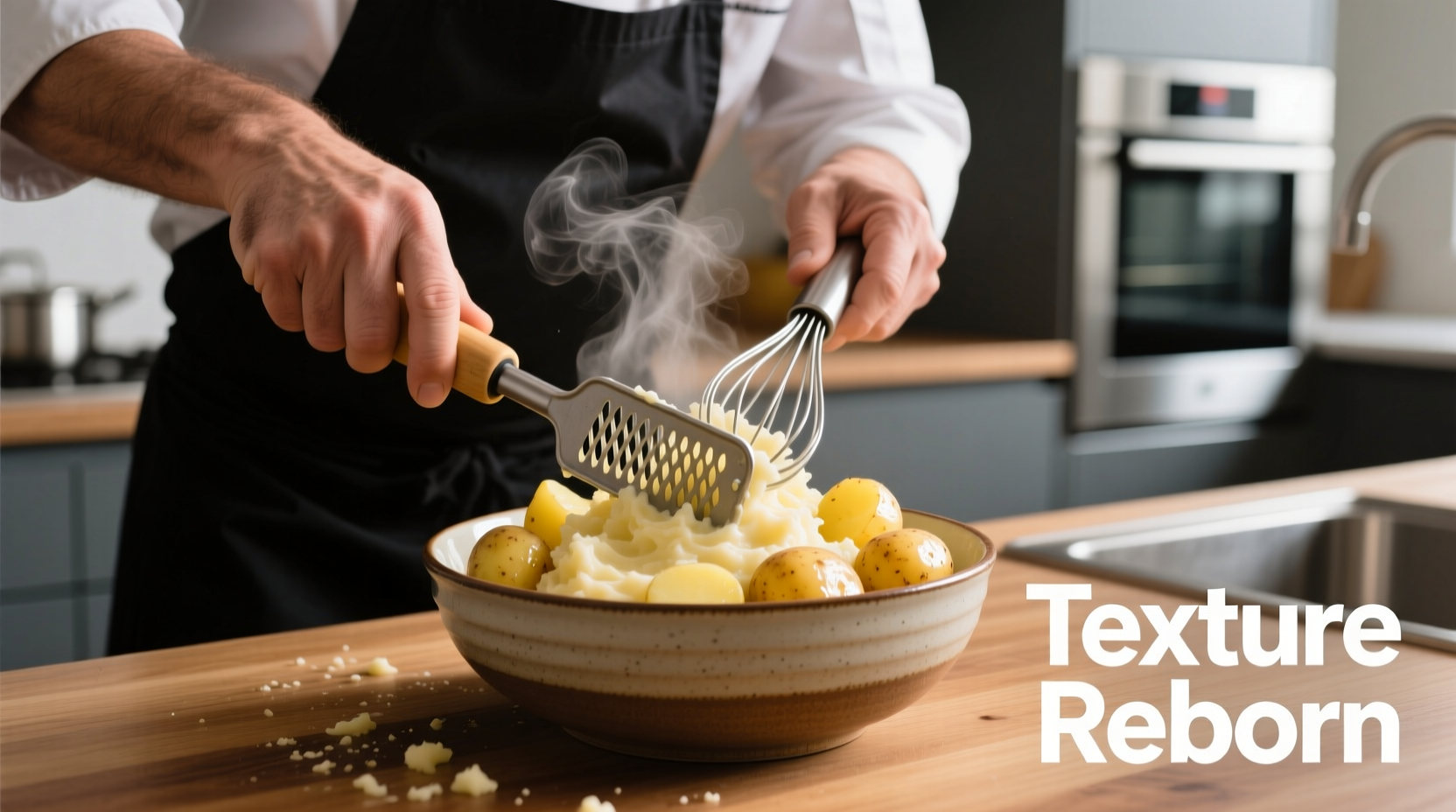 Chef restoring texture to reheated mashed potatoes