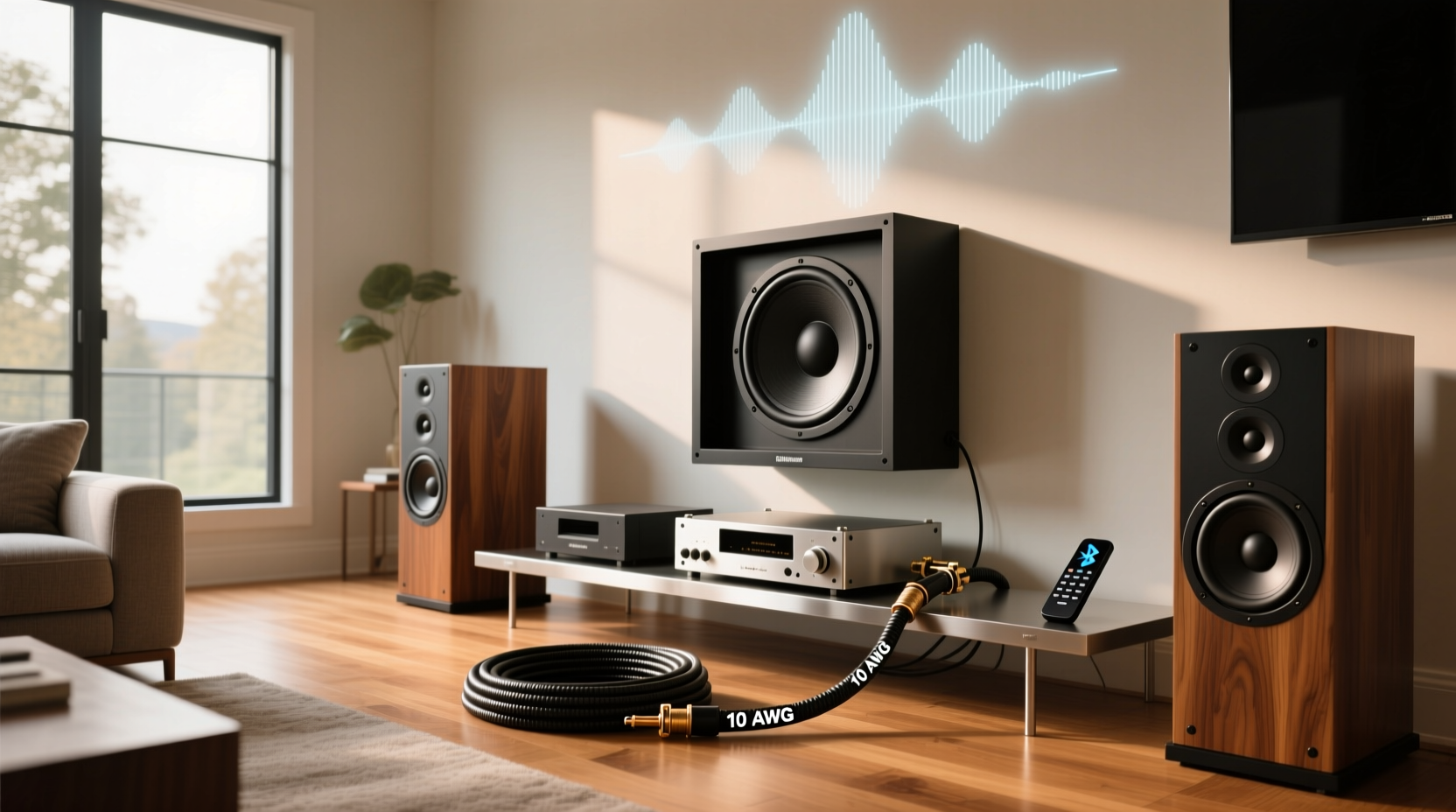 1000w subwoofer speaker with close-up of terminal connections