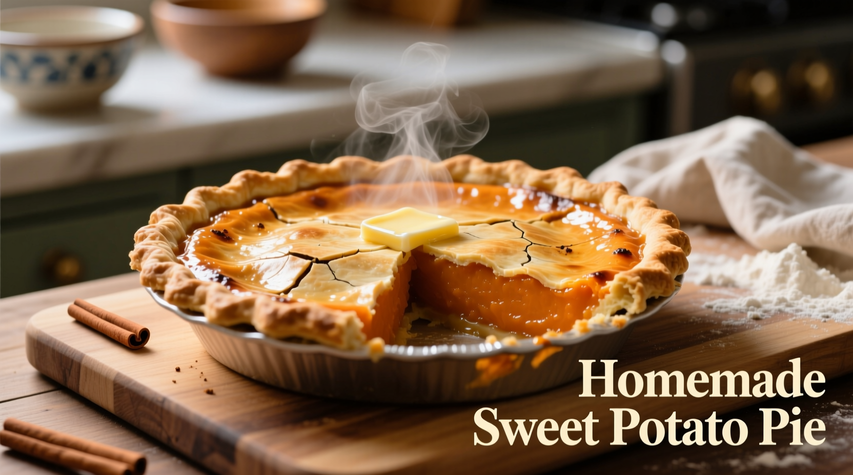 Freshly baked sweet potato pie with golden crust