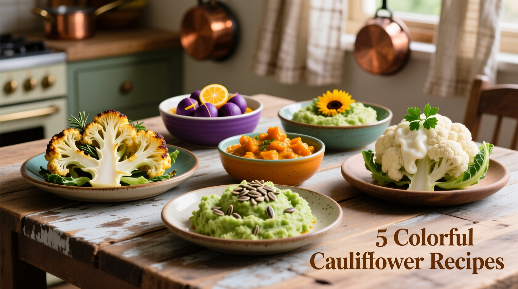 Five colorful cauliflower recipes on wooden table
