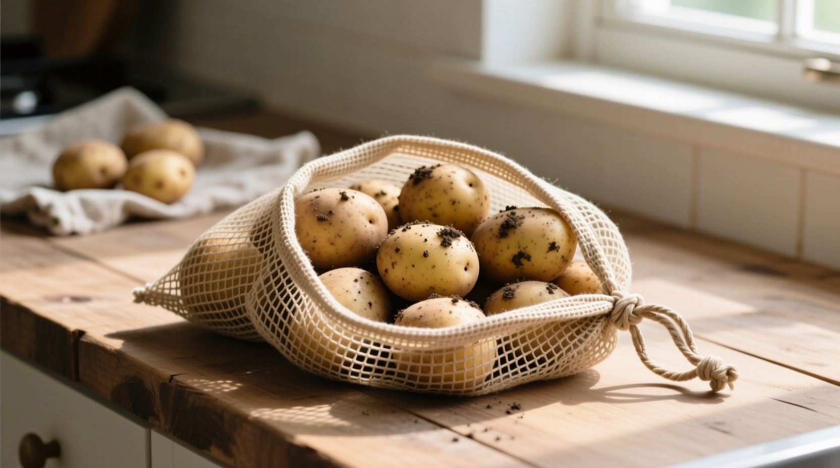Breathable mesh potato storage bag with fresh potatoes