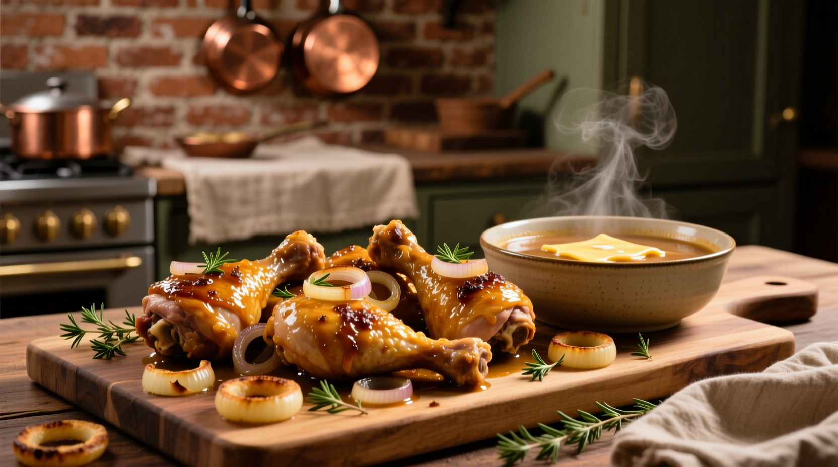 Golden chicken thighs coated with French onion soup mix