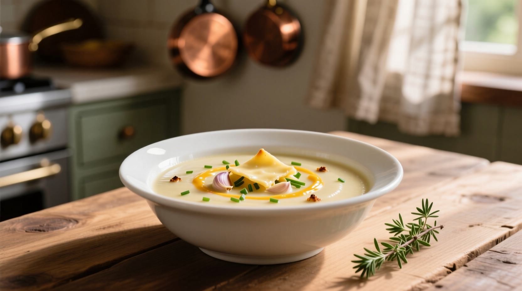 Creamy twice baked potato soup in white bowl