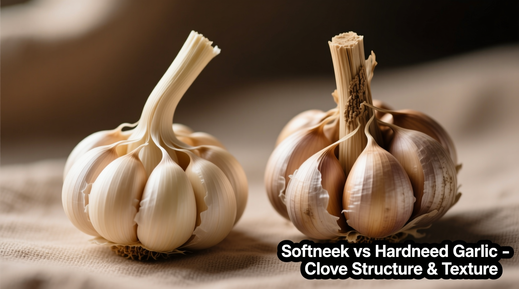 Close-up comparison of softneck and hardneck garlic bulbs