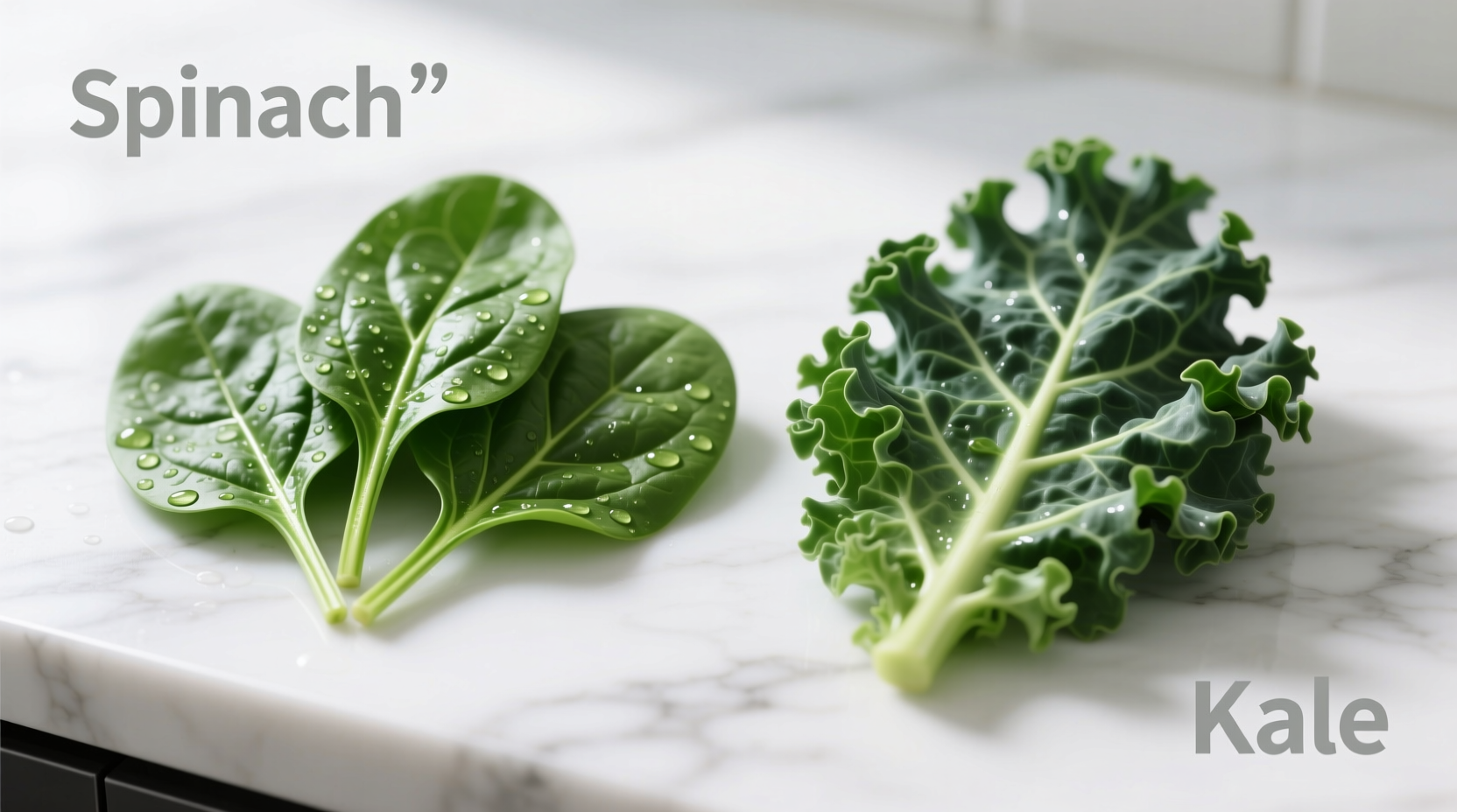 Side-by-side comparison of fresh spinach and kale leaves