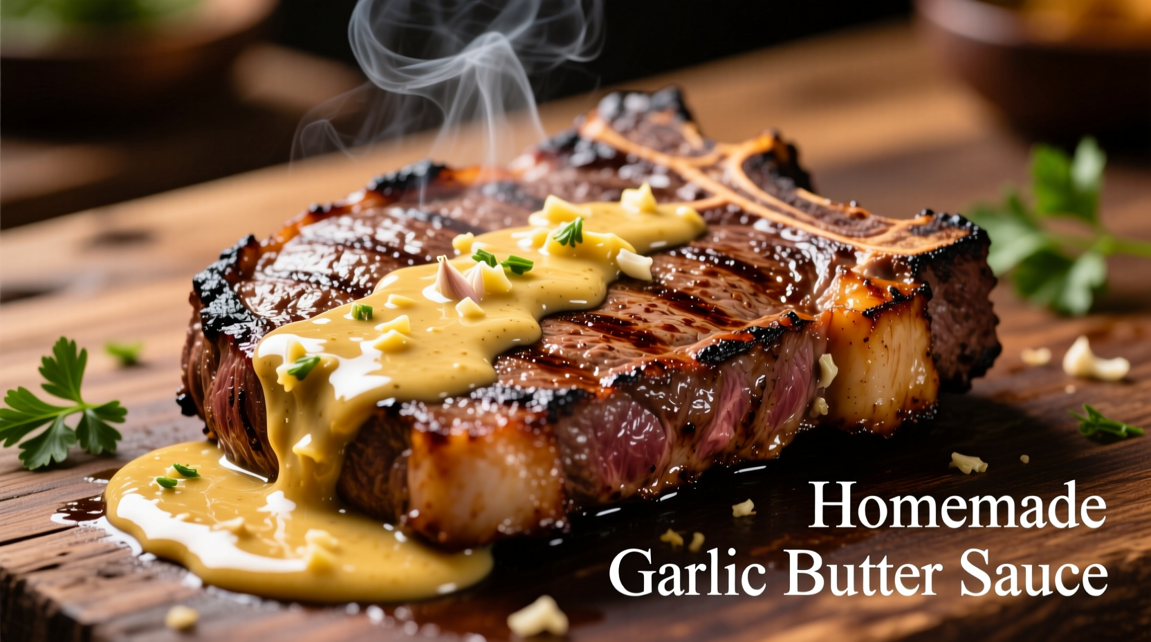 Homemade garlic butter steak sauce drizzled over grilled ribeye