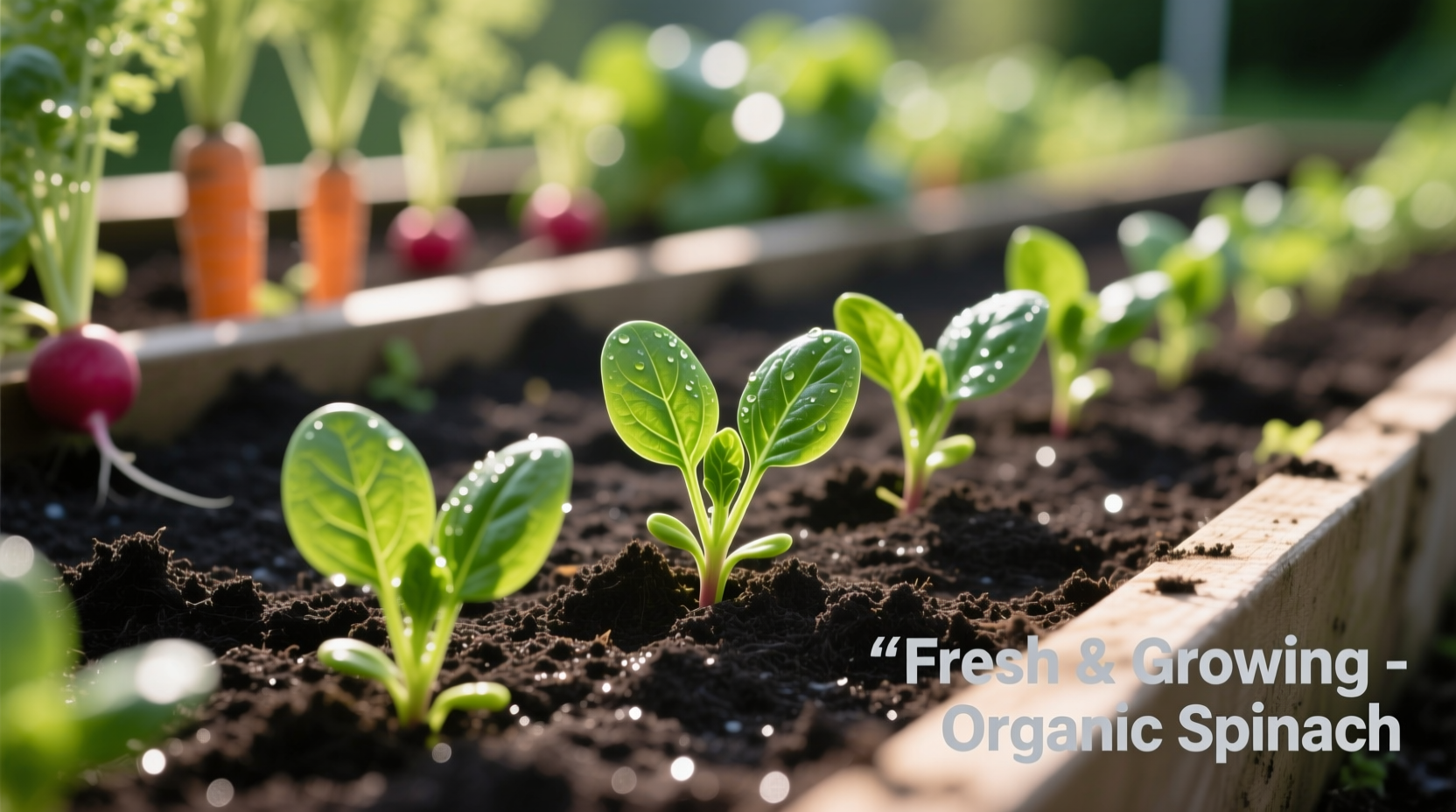 Spinach seedlings properly spaced in garden bed