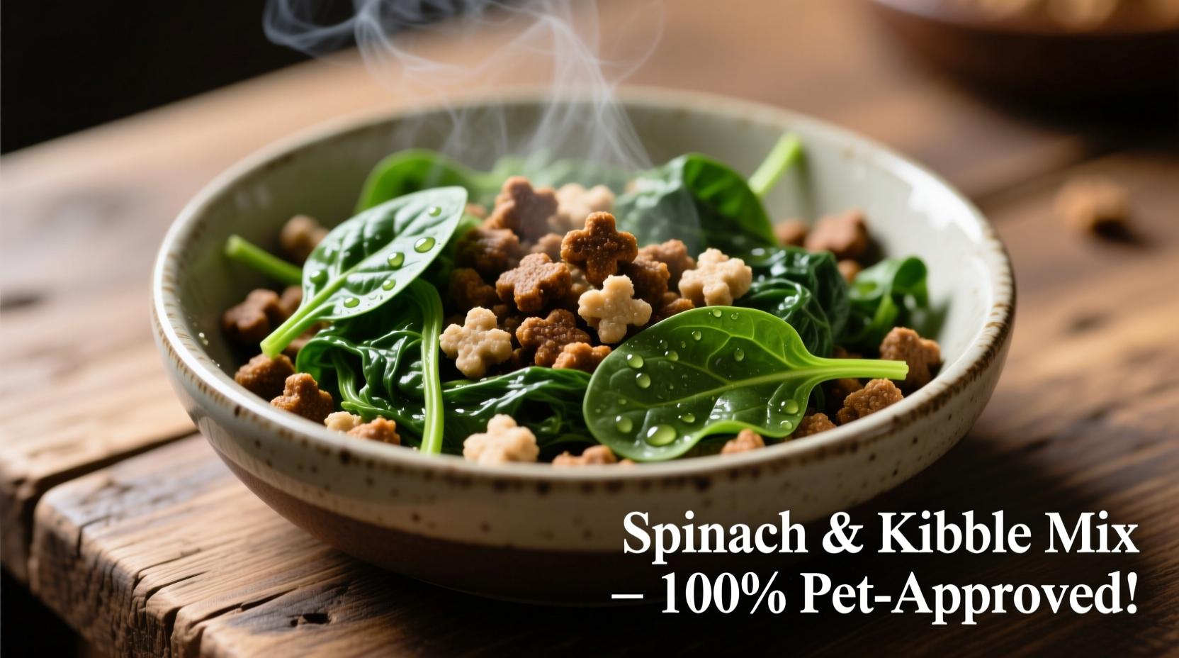 Cooked spinach mixed with dog food in a bowl