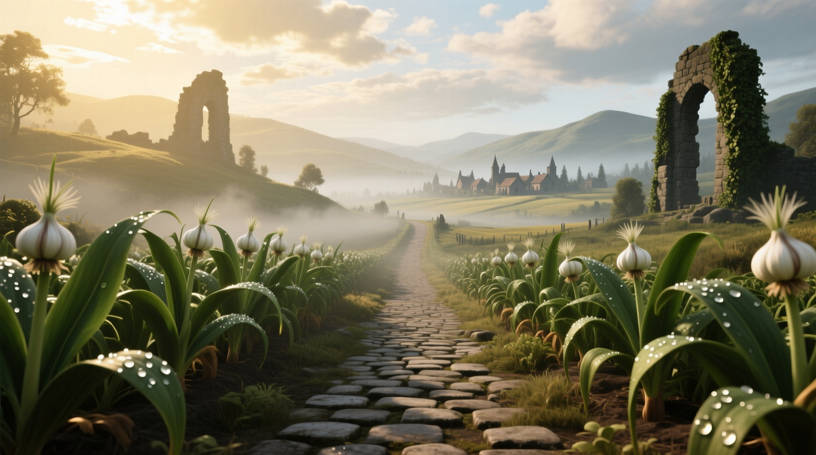 In-game screenshot showing garlic plants along Cyrodiil roads